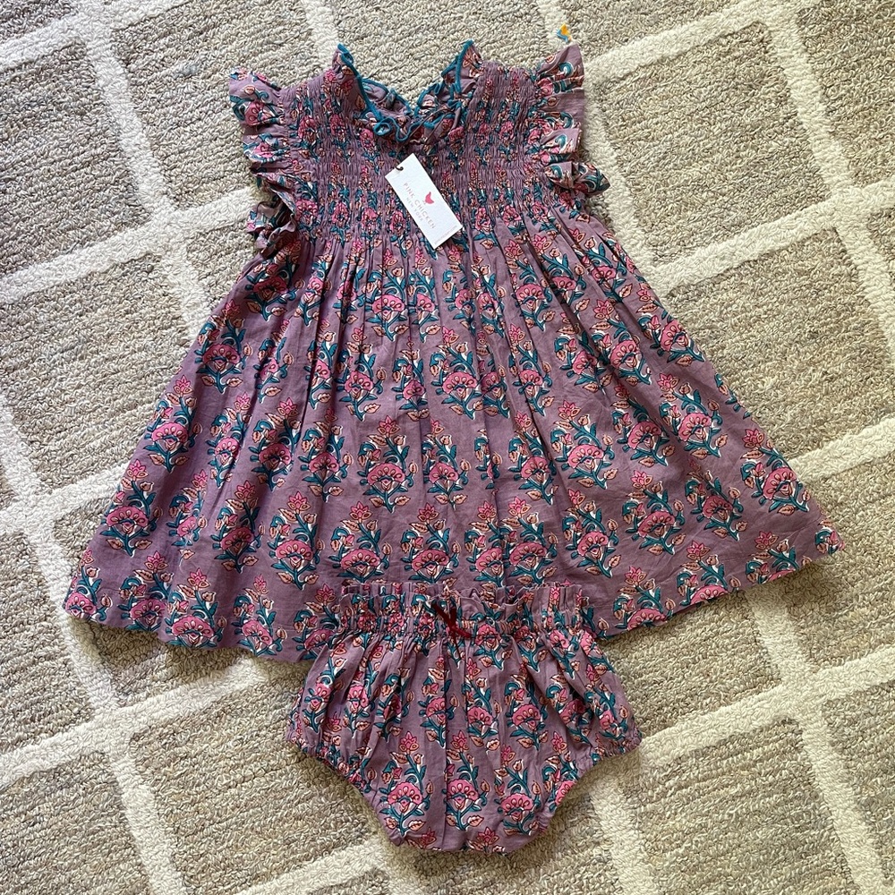 Pink Chicken Baby Girls Stevie Dress Set, in Lavender Posey Block Print 12/18M